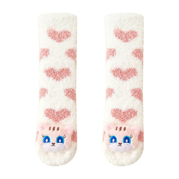 Xfvqtps Toddler Fuzzy Socks Over the Knee Long Tube Cute Animals Stripe Love Thickened Baby Coral Fleece Premium Comfort Soft Cozy Warm Winter Fluffy Socks White