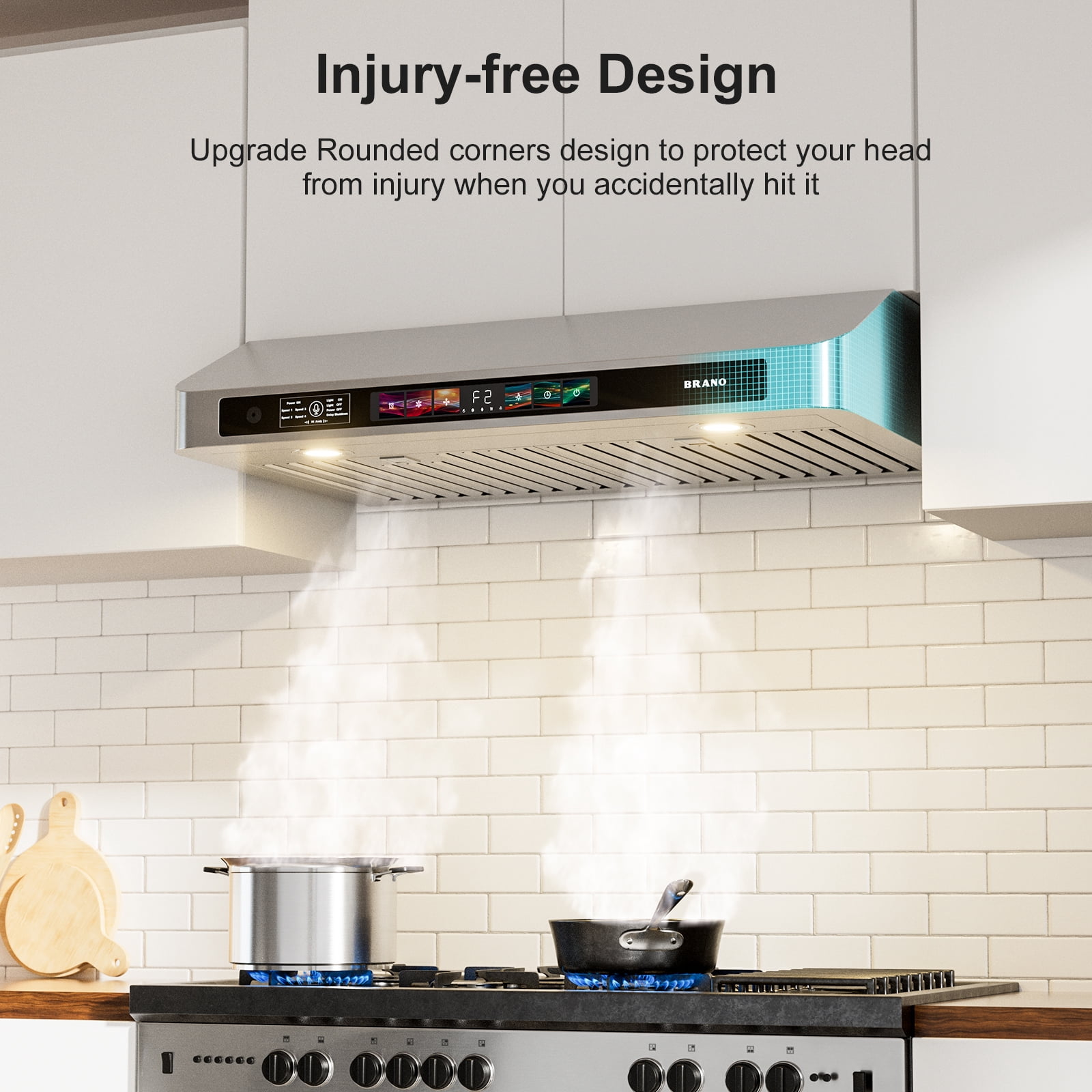 BRANO 30 in. Under Cabinet Range Hood with Voice, Gesture & Touch Control, 900 CFM, 4-Speed Stainless Steel Vent Hood, LED Lights
