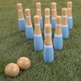 thumbnail image 5 of Lawn Bowling Game/Skittle Ball- Indoor/Outdoor Fun for Kids, Adults –10 Wooden Pins, 2 Balls & Mesh Bag Set by Hey! Play! (8 Inch - Blue /White), 5 of 6
