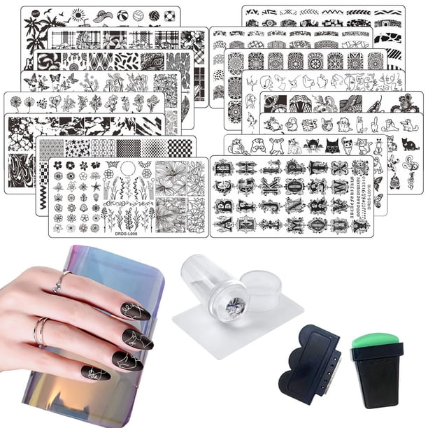Juego de placas para estampar uñas VNC, 21 unidades, con bolsa raspadora