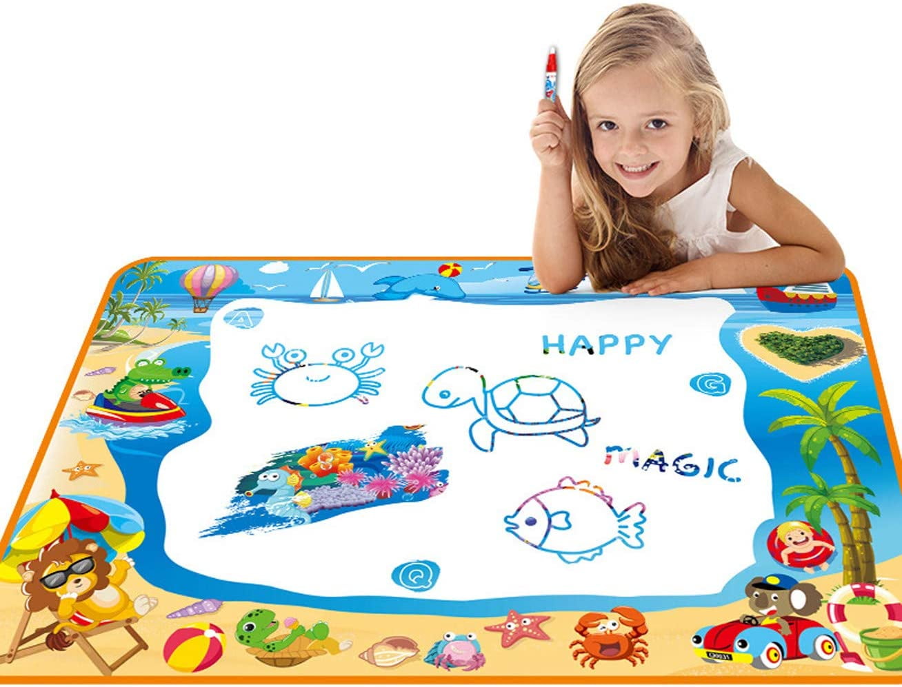 Magic Water Doodle Drawing Mat Toddler Gifts Toys For 2 3 4 Year Old Girls Boys Rainbow Multicolor Animal World Theme Educational Birthday Gifts Ideal Large Size 39.3 x 27.6 Inch 17pcs Accessories 