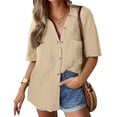 thumbnail image 1 of Camisa HOTOUCH de lino con botones de manga corta para mujer, 1 of 7