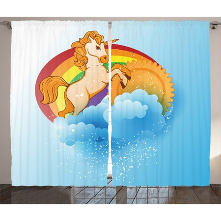 - Unicorn Home and Kids Decor Curtains 2 Panels Set, Unicorn with a Single Horn Forehead on Sun Fluffy Clouds Art Print, Window Drapes for Living Room Bedroom, 108W X 90L Inches, Multi, by Ambesonne