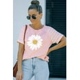 thumbnail image 3 of POGLIP Women's Pink Daisy Printed Striped Short Sleeve Crewneck T Shirt, 3 of 6