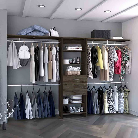 Miekor Furniture Plego 69"W - 118"W Drawers Closet System, Five Shelves, Four Hanging Rods, Three Drawers -Dark Walnut 00186
