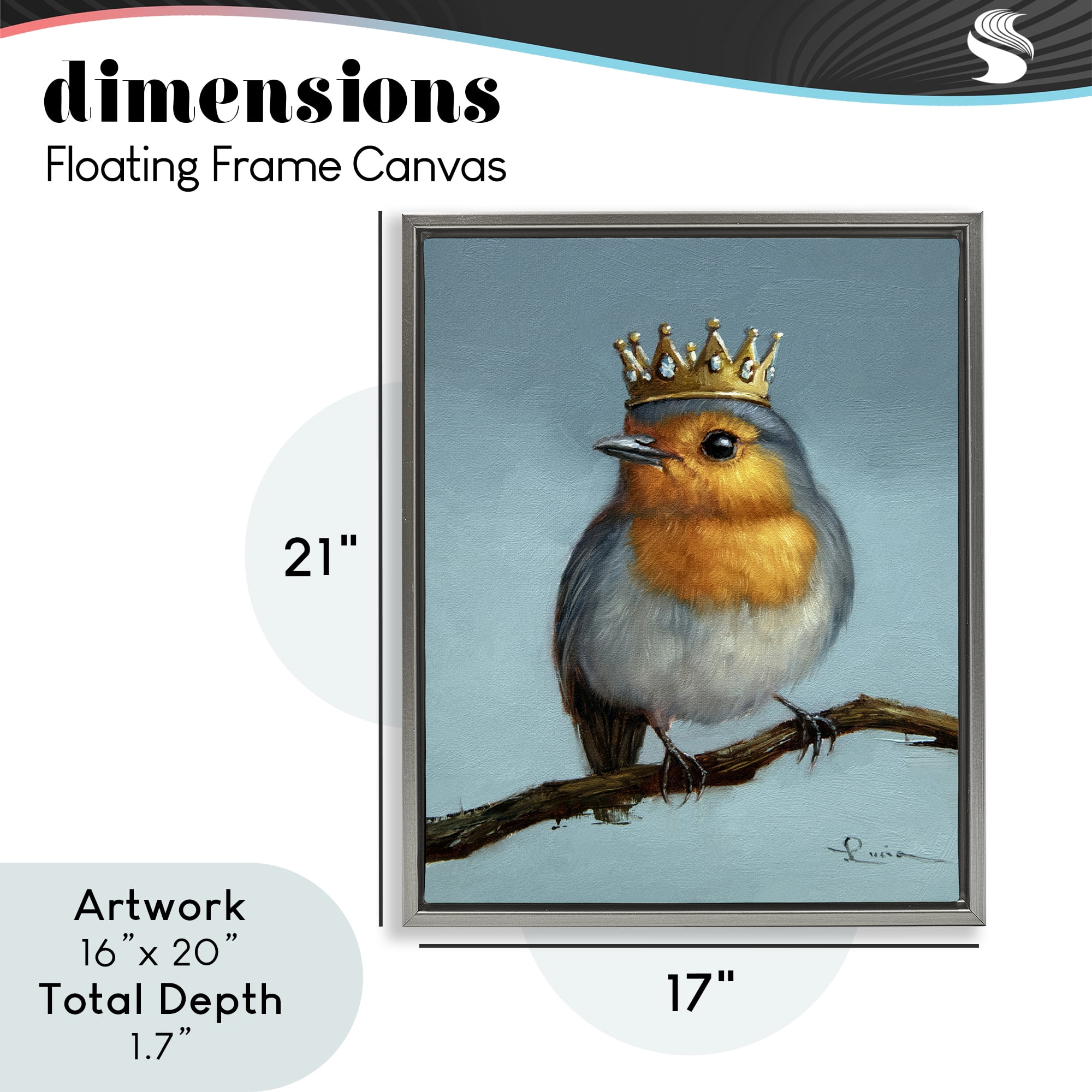 Royal Robin Perched Gray Framed Floater Canvas Wall Art, design by Lucia Heffernan