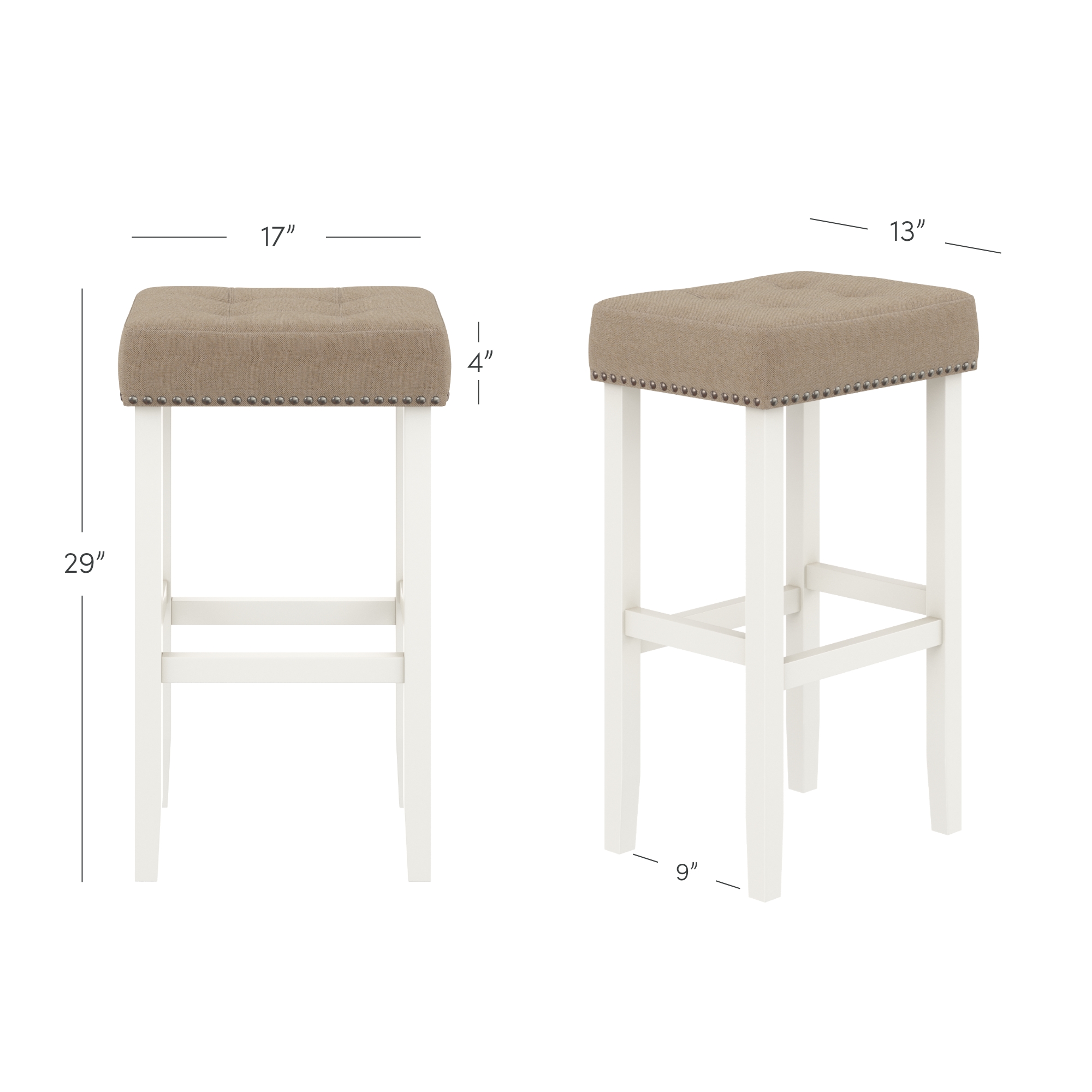 Nathan James Hylie Nailhead Wood Pub-Height Kitchen Counter Backless Bar Stool 29", Natural Flax/White