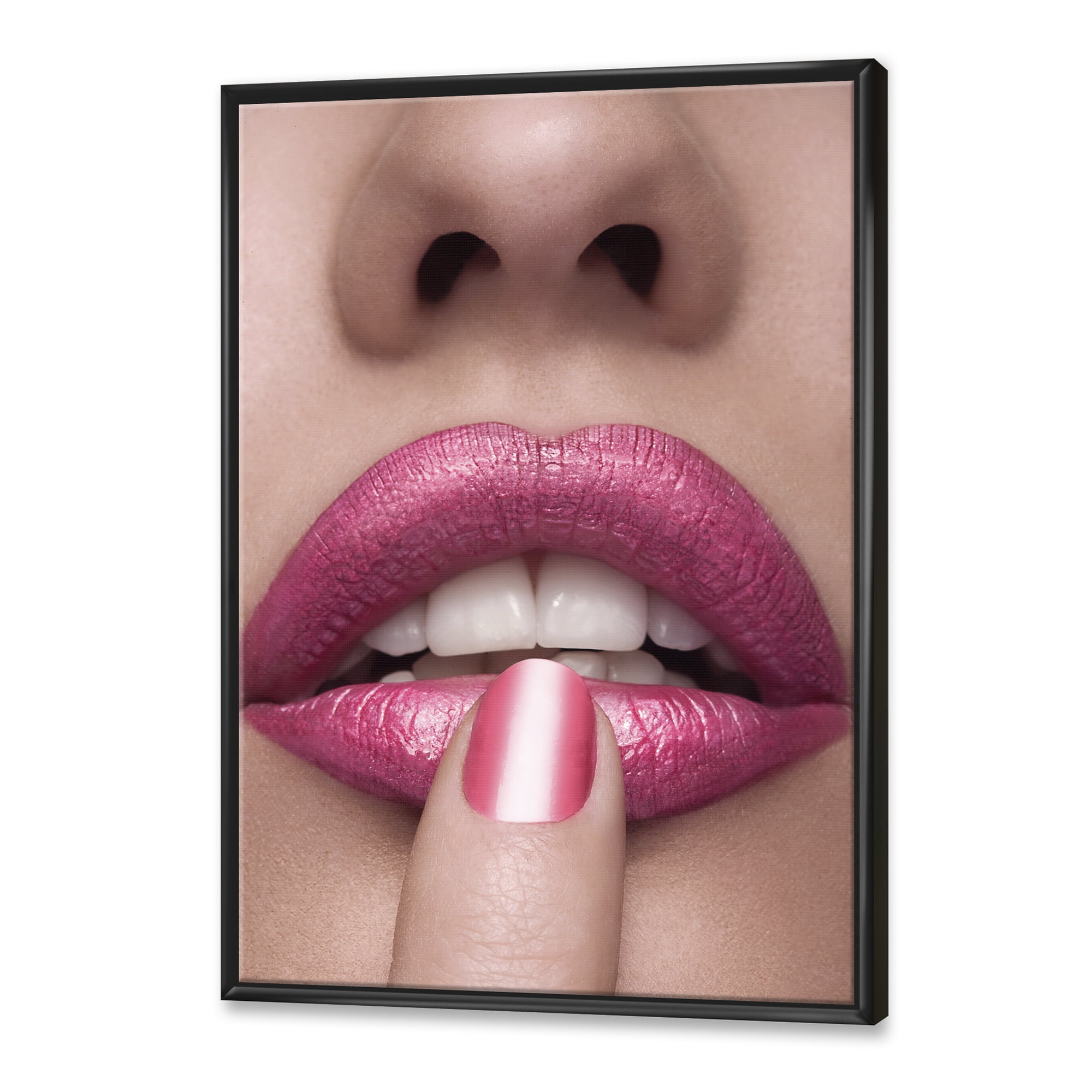 Designart 'Pink Female Lips With Finger On Mouth' Modern Framed Canvas Wall Art Print
