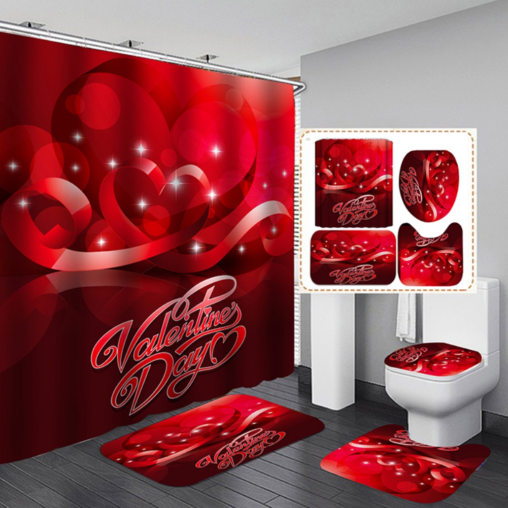 4 Pcs Waterproof Shower Curtain Set, Romantic Rose Bathroom Sets with
