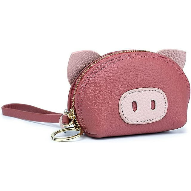 Cartera de mano para mujer, cartera pequeña compacta de primera capa de cuero de vaca, monedero con forma de cerdo de dibujos animados creativos y bonitos, cremallera