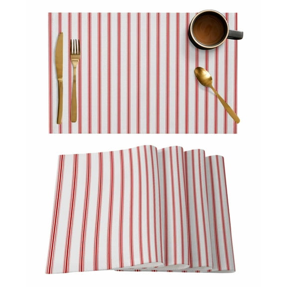 Red Striped Placemats Set of 4, Red White Stripes Farmhouse Placemats for Dining Table, Place Mats for Kitchen Tabletop, Waterproof Wipeable Dining Table Mats Set