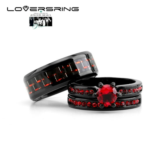 His and Hers Wedding Ring Sets Couples Rings Black Gold Plated Square Cz Stainless steel band