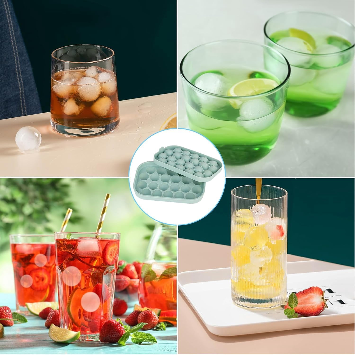 Ice Cube Tray  2 Pack Silicone Balls Maker With Lid Bpa Free Easy-release Trays For Freezer Diy Homemade Round Cubes Coffee (green)