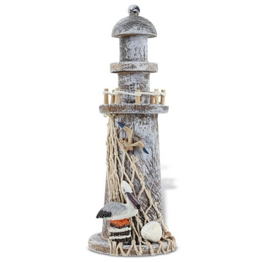CoTa Global Brown Wooden Lighthouse Decor - Handmade and Crafted Wooden Lighthouse Decoration with Pelican and Fishing Net, Beach Style Tabletop Home Decor - Handmade Color May Vary - 8.75 Inches