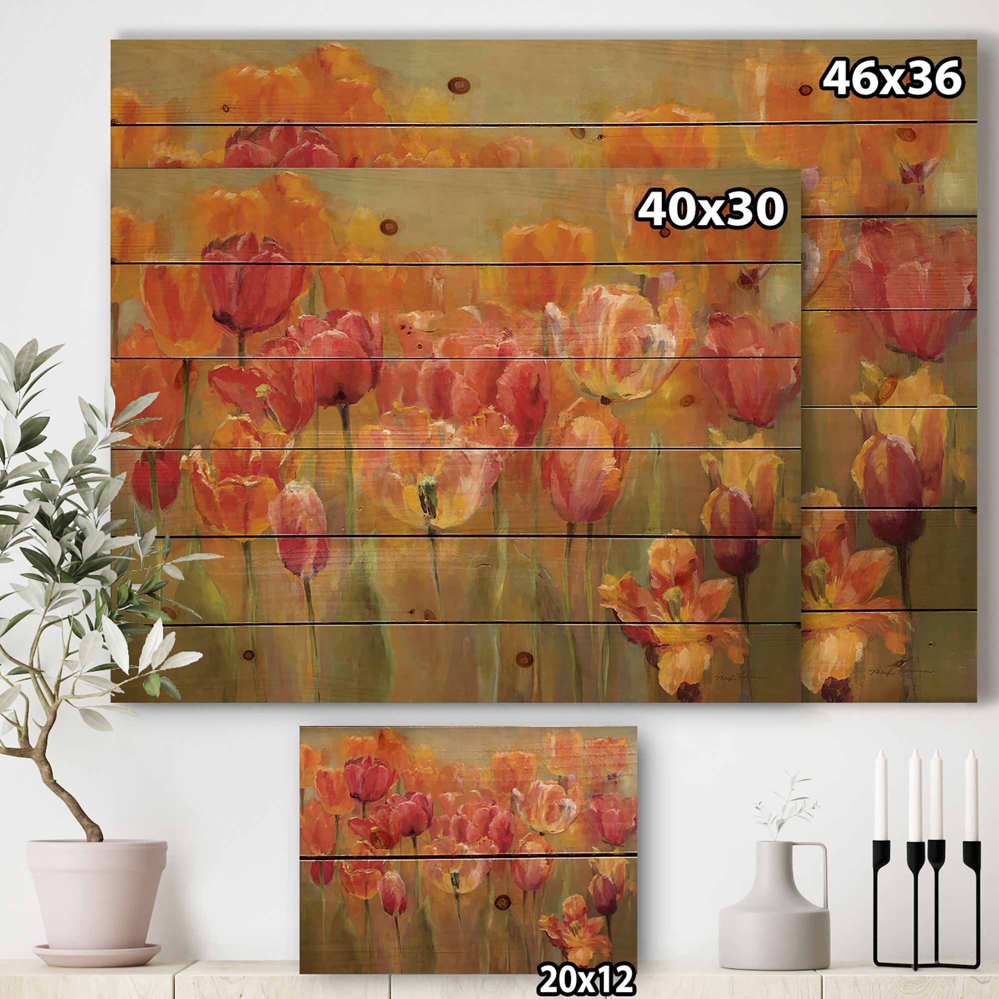 Designart 'Red Handpainted Tulips' Traditional Print on Natural Pine Wood