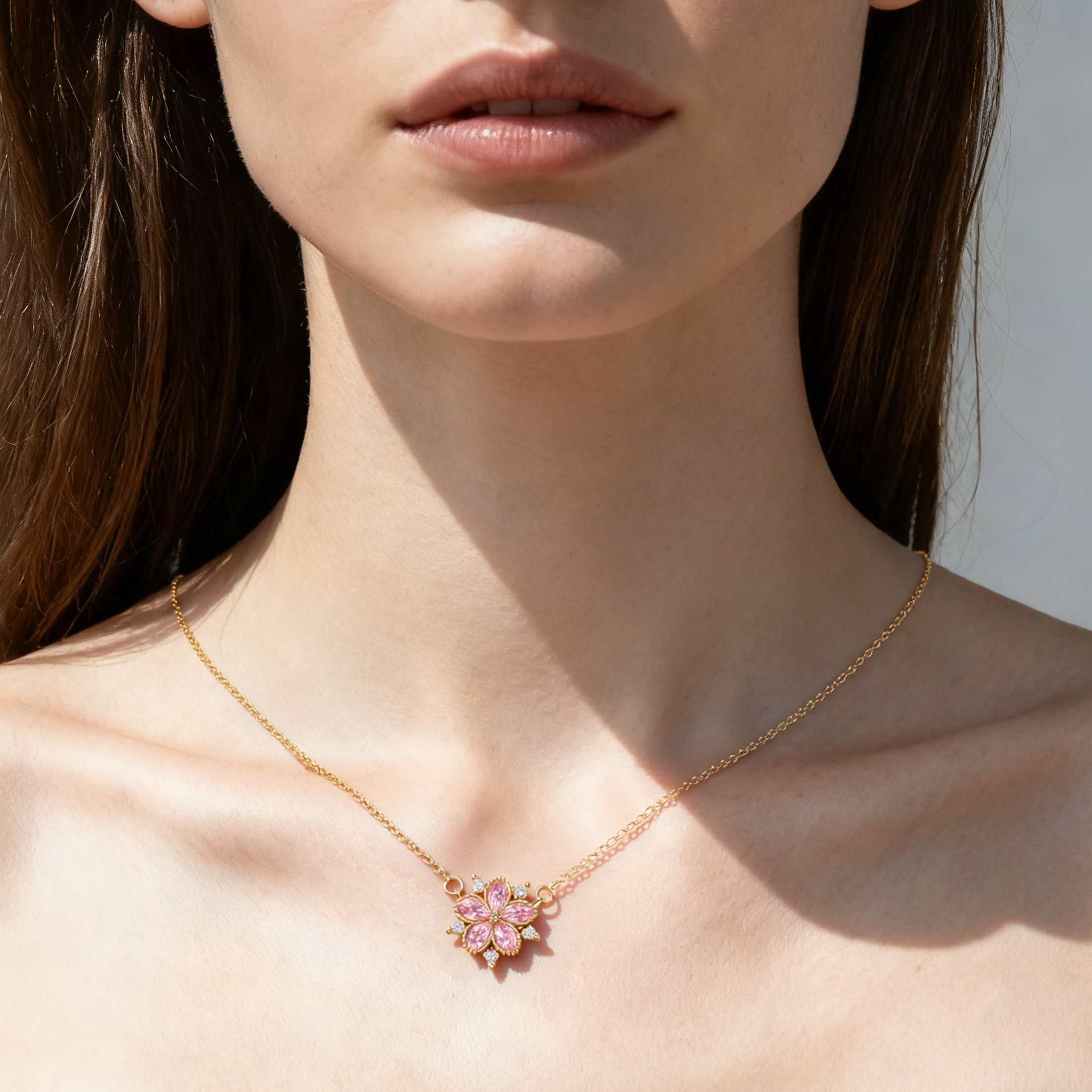 MENGLISI Light Pink Cubic Zirconia Five-Petal Flower Pendant Necklace for Women, 14K Gold Plated Copper