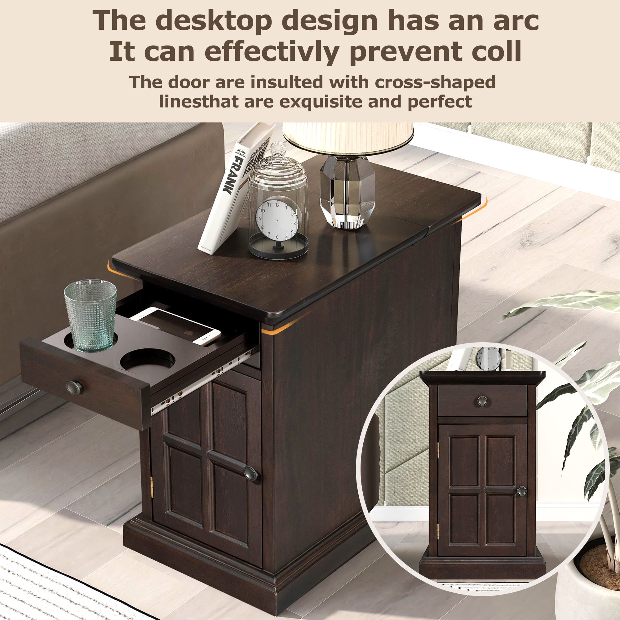Euroco Chairside End Table with Built-in Power Strip, Lift-Top
