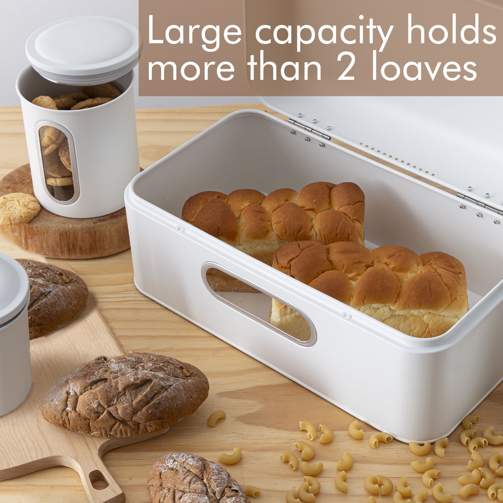 Deppon Stainless Steel Bread Box and 3-Piece Airtight Canister Set, Large Capacity with Clear Window for Kitchen Counter, White