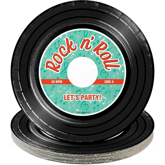 HOME & HOOPLA Rock 'N' Roll Party Supplies - 50's Record Round Paper Dessert Plates for 16 Guests