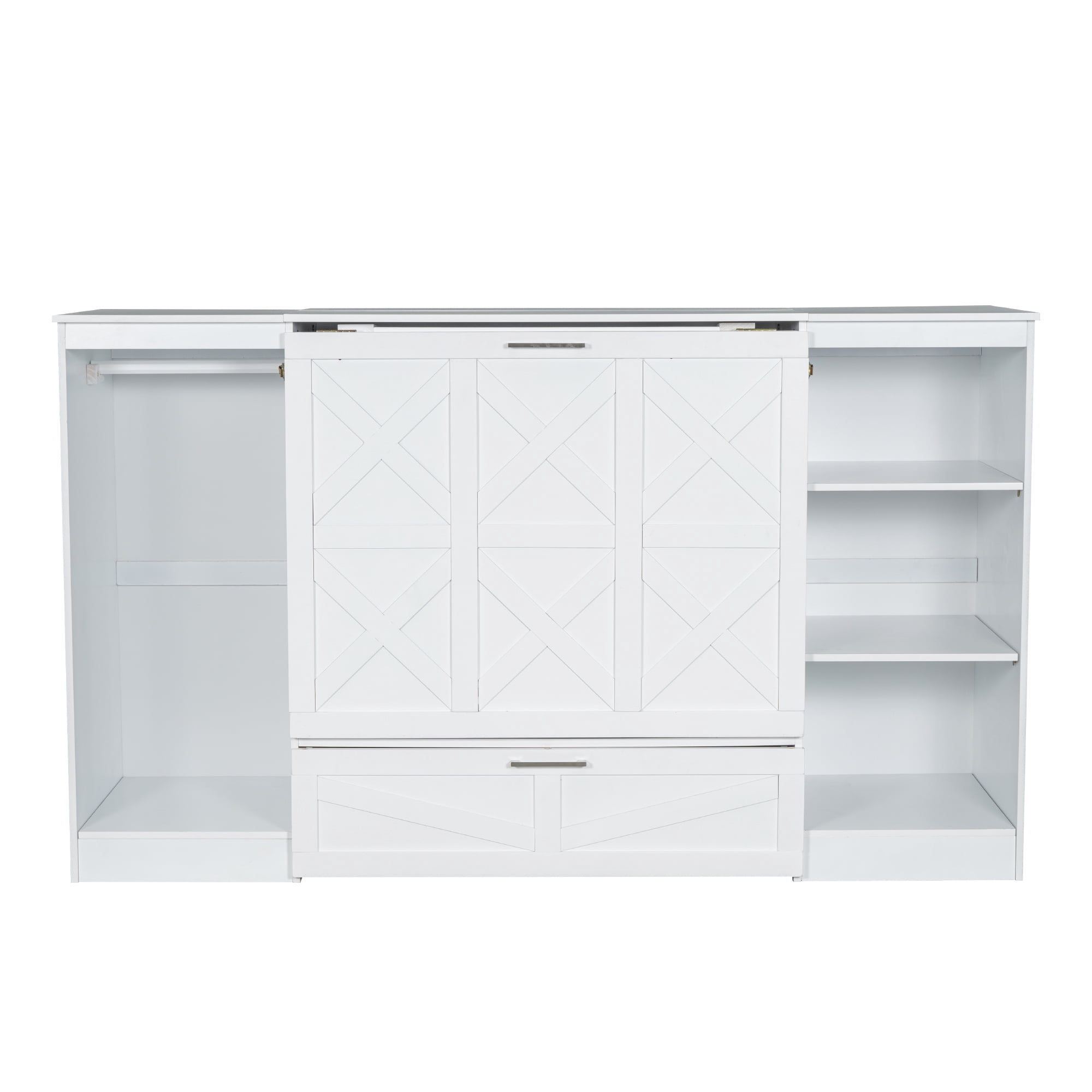 Euroco Twin Size Murphy Bed with Shelves and Drawers, Cabinet and Wardrobe, White