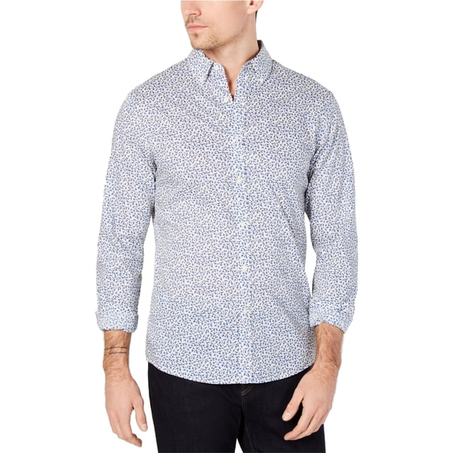 michael kors camisa abotonada con estampado floral para hombre, azul, extragrande vista frontal de cuerpo entero; camisa slim fit de algodón 100% con cuello de punta y cierre de botones, estampado floral en azul marino sobre fondo blanco, mangas largas con puño cilíndrico abotonado; suele utilizarse como prenda informal para salidas casuales.