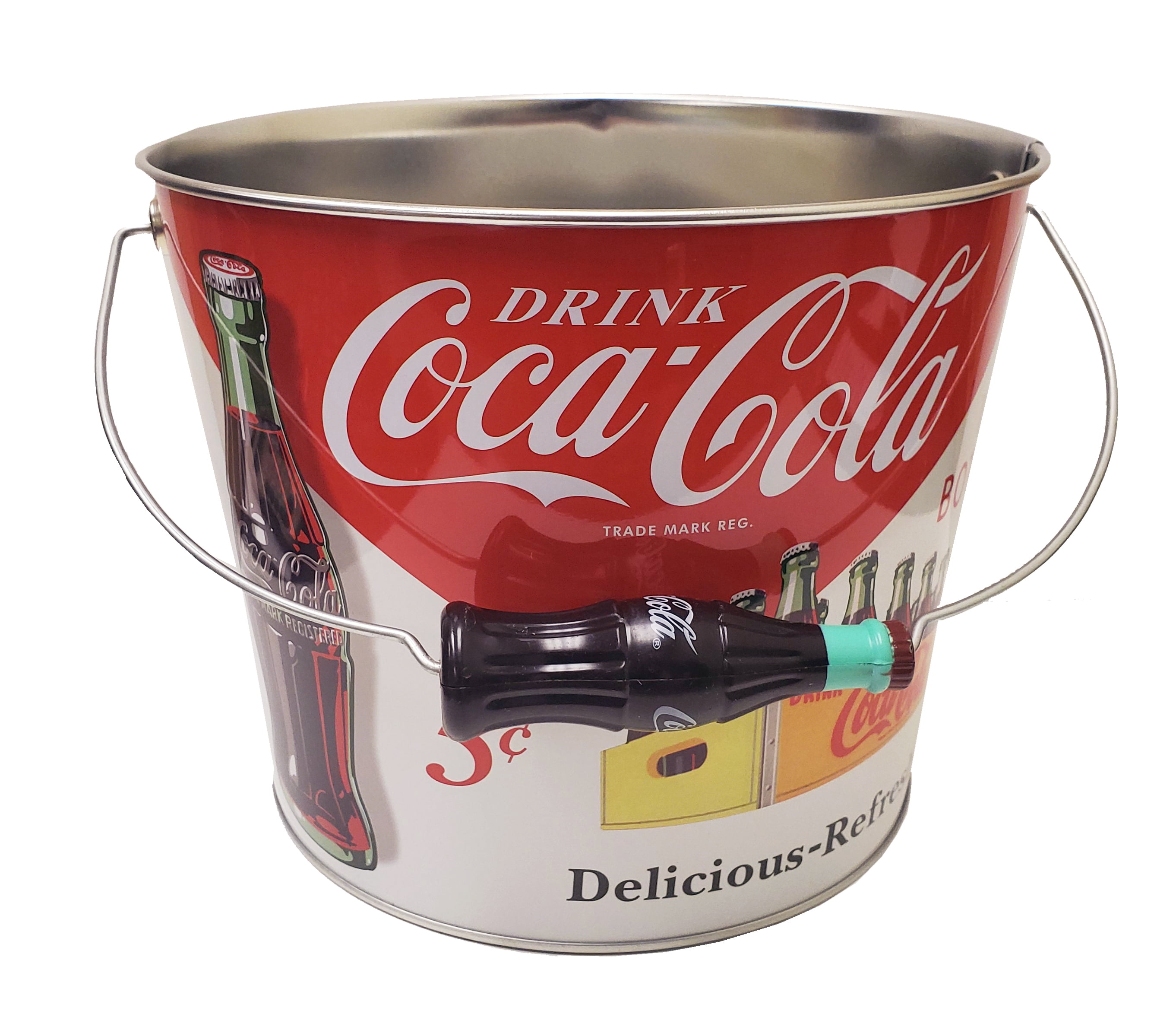Coca Cola Large Beverage Bucket with Handle and Plastic Coke Bottle