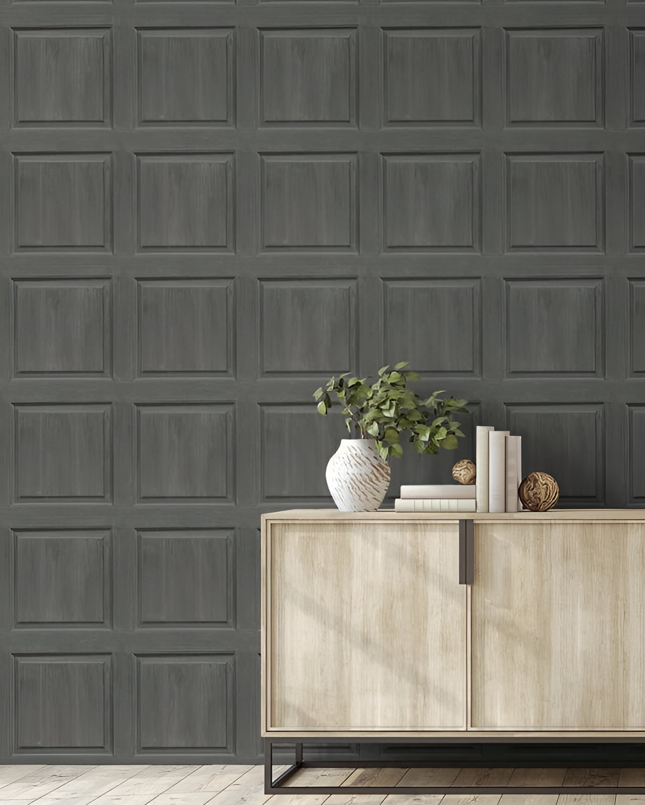 NextWall Arthouse Washed Faux Panel Peel and Stick Wallpaper 20.5 in. W x 18 ft. L - Charcoal