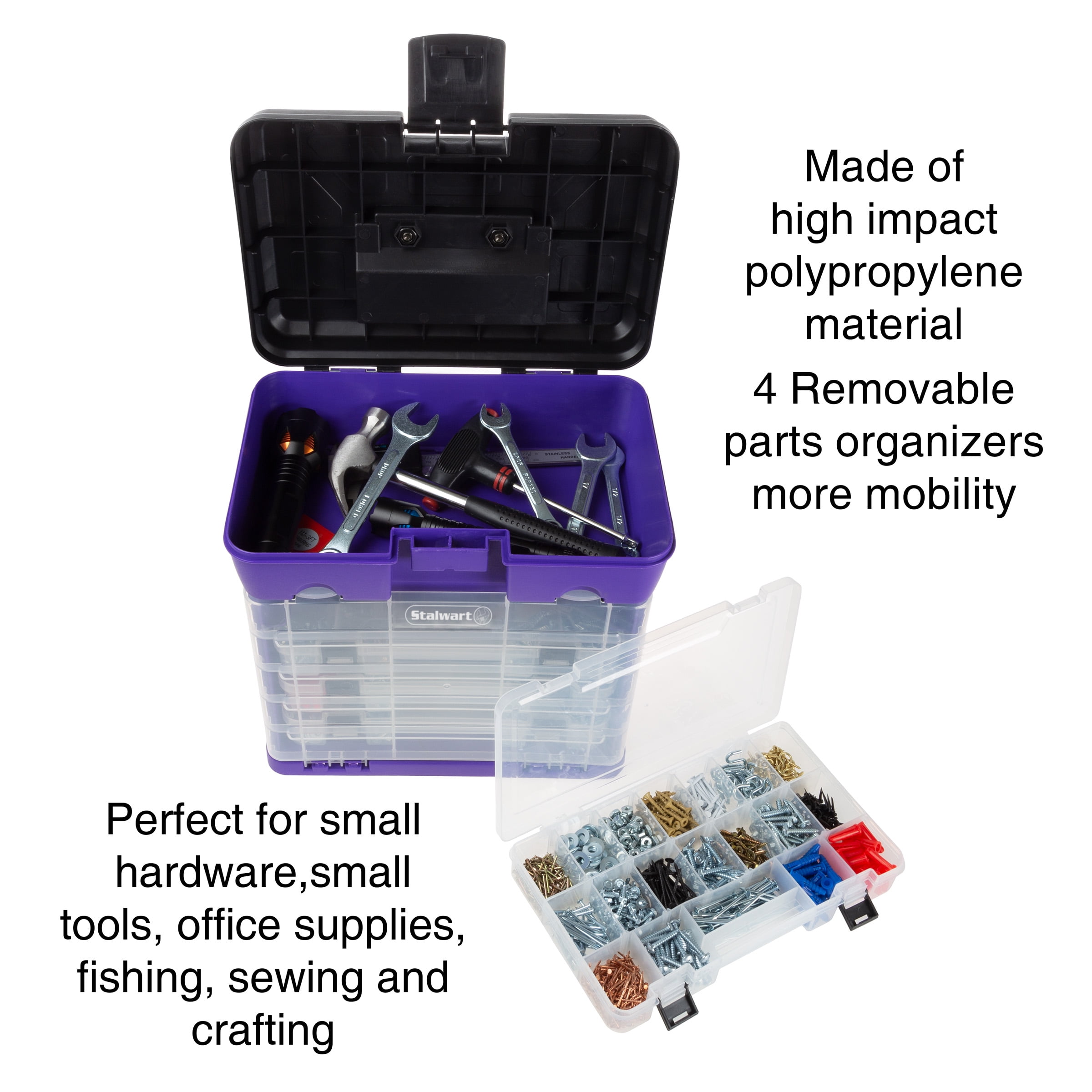 Storage and Tool Box-Durable Organizer Utility Box-4 Drawers with 19 Compartments Each for Hardware Fish Tackle Beads and More by Stalwart (Purple)