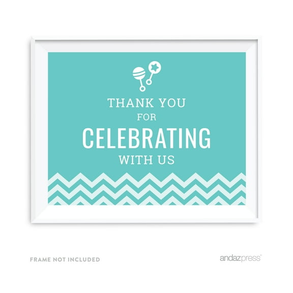 Thank You For Celebrating With Us! Diamond Blue Chevron Print Baby Shower Party Signs