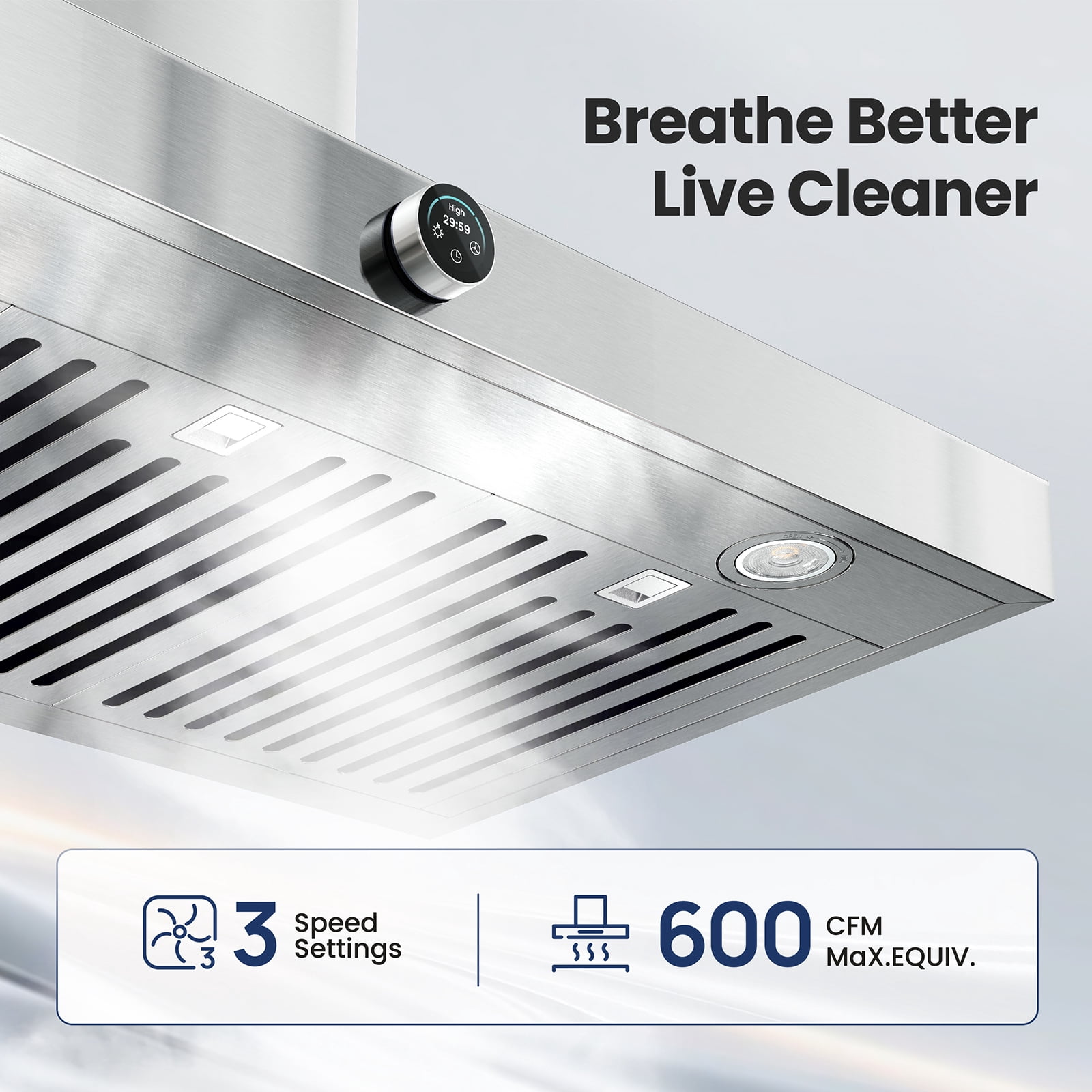 VIKIO 30 inch Wall Mount Range Hood in Stainless Steel, 800 CFM, Convertible Ductless, 3-Ways Venting, 2-Baffle Filters, Rotary Dial