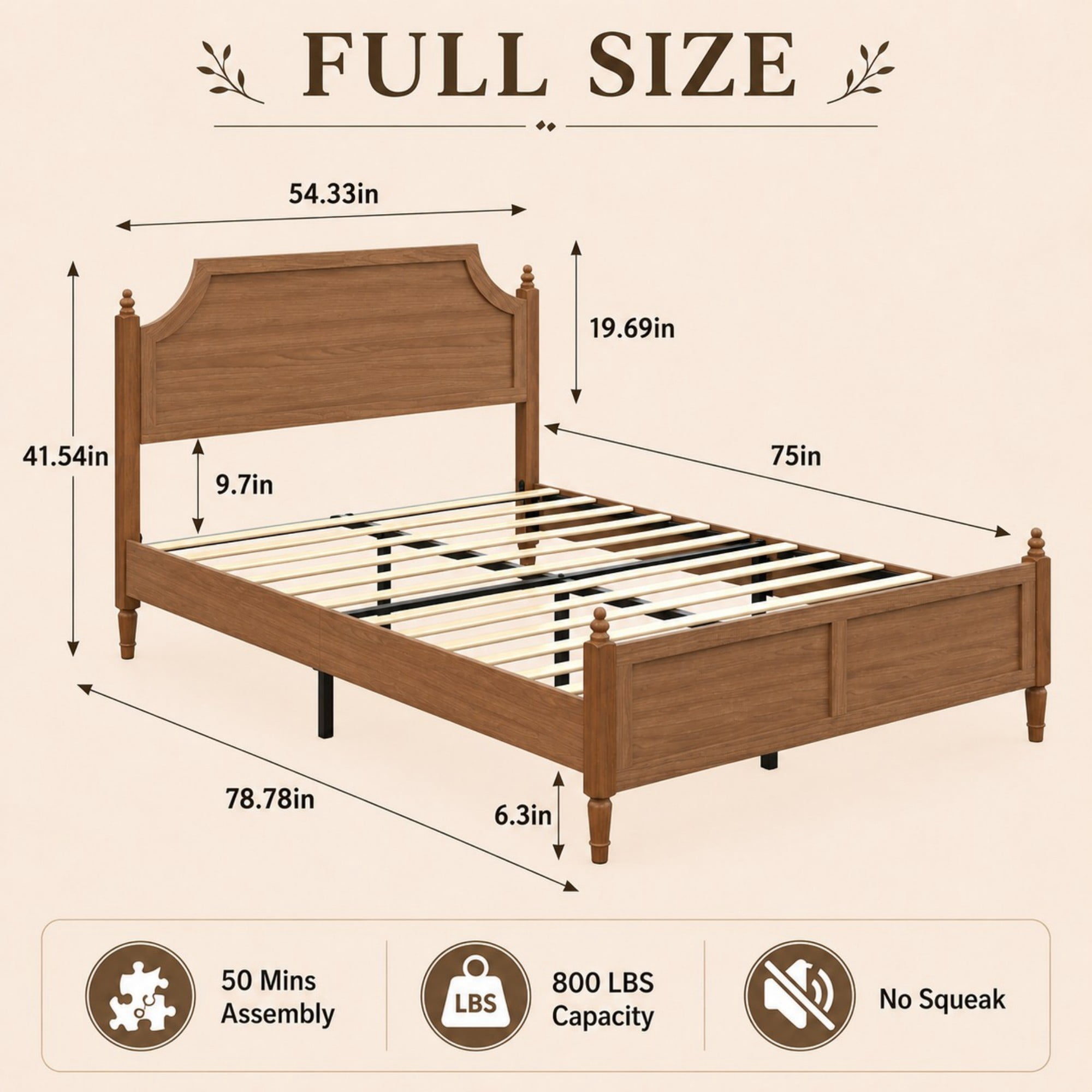 DEALTOPS Full Size Platform Bed Frame with Headboard & Footboard, Wood Farmhouse Bed, No Box Spring, Brown