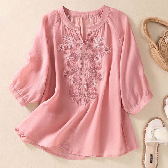 Blmnix Linen Women Tops Oversized Vintage Pullover Blouses Henley Pink Elbow-Length Summer Blouses for Women Under $10,XXL
