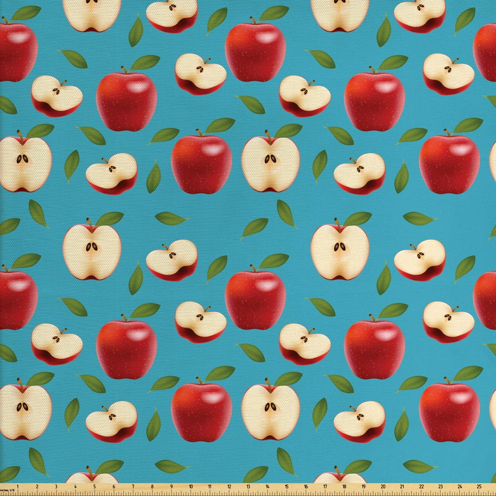 Apple Fabric by The Yard, Halved and Whole Red Delicious Apples on