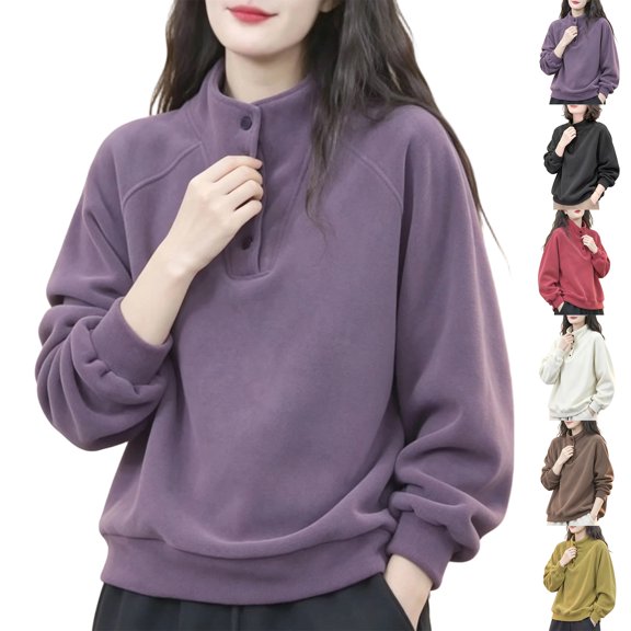 Stralyhd Womens Sweatshirt Oversized Stand Henley Collar Long Sleeve Soft Comfort Pullover Tops Fall Winter Outfits Purple XL