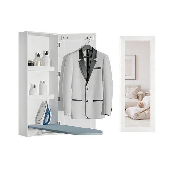 Facilehome Wall Mounted Ironing Board Cabinet with Mirror Door White Foldable Built in Storage Closet for Laundry Room Apartments