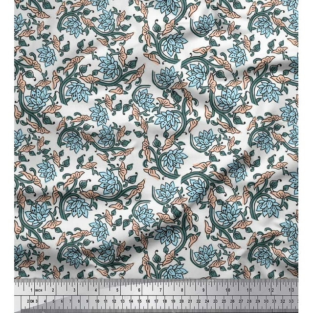 Soimoi Rayon Fabric Leaves & Lotus Block Decor Fabric Printed Yard 42 Inch Wide