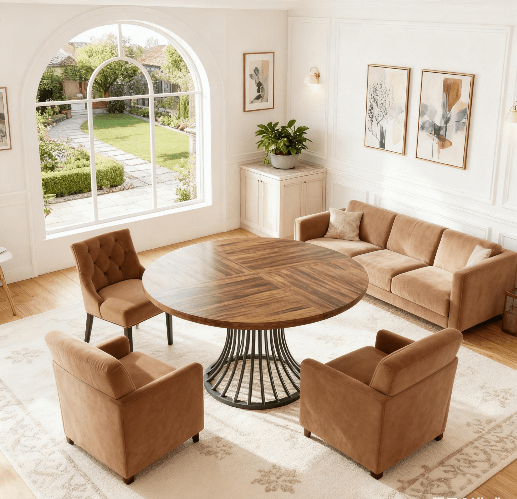 Fnova 47.24" Farmhouse Round Dining Table for 4 People, Modern Wood Tabletop Coffee Table with Metal Frame for Kitchenfor Dining Room, Brown