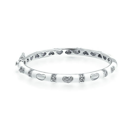 Enamel Wide Bangle (Tiny Bangle Bracelet Pink Or White Enamel CZ Pave Hearts Silver Plated Brass For Small Wrists 4.5-5.5)