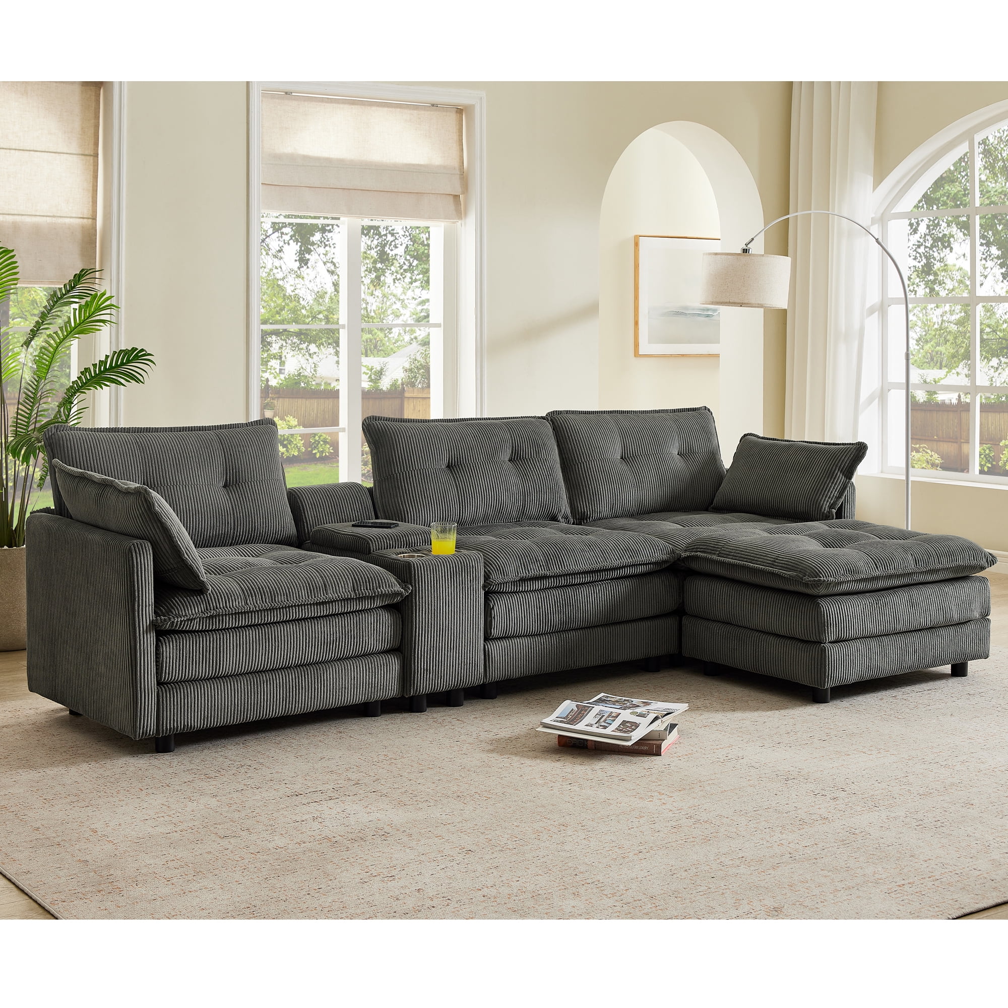 Gewnee 119" L-Shaped Sectional Sofa,Modern Corduroy Modular Sofa Couch with Storage Function,USB &Cup Holders,Movable Ottoman Sectional Couch for Living Room,Gray