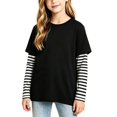thumbnail image 2 of T Shirts for Girls Casual Solid Color Crewneck Faux Layered Long Sleeve Striped Tops 2 in 1 Loose Fit Fashion Wear, 2 of 5