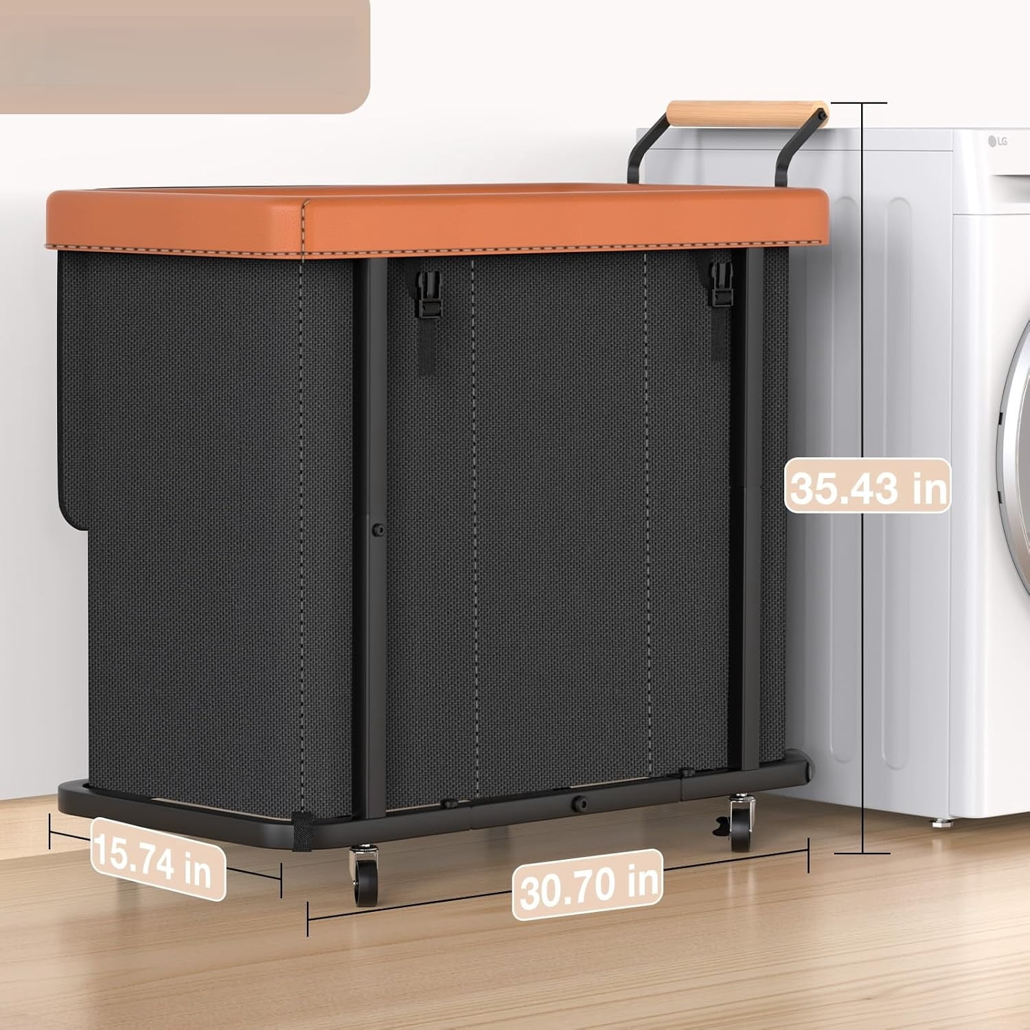 60 Gal (230L) Laundry Hamper 3 Section with Lid, Leather Patchwork Laundry Sorter with Rolling Lockable Wheels and Handle, Laundry Basket Organizer for Laundry Room, Bedroom and Bathroom - Gray