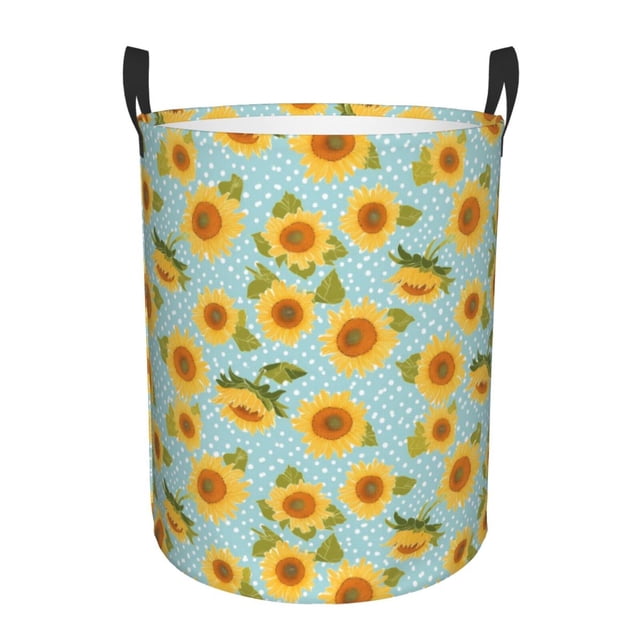 Balery White Polka Dot Sunflower A Cesta de ropa redonda con asas, impermeable, independiente, para ropa, juguetes, dormitorio y familia-Medium