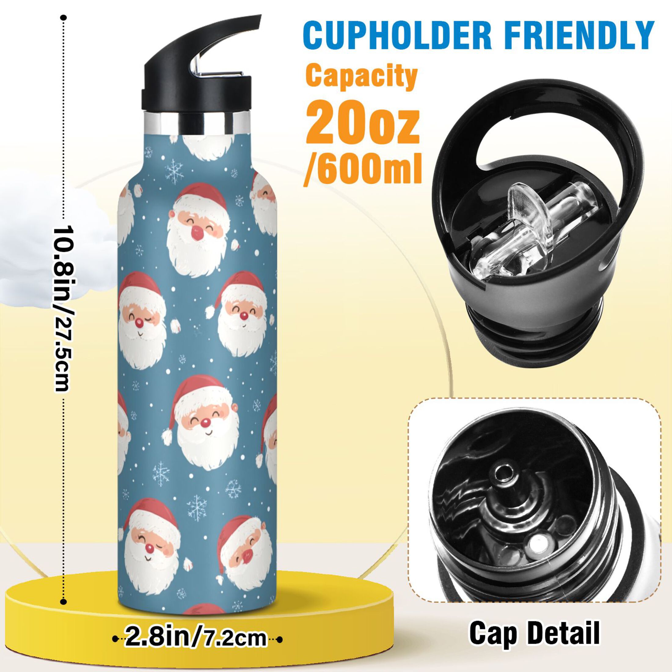 600ML Stainless Steel Insulated Cup Sports Water Bottle Portable Thermos Cup Water Glasses Insulated Tumblers Convenient and Durable Cartoon Santa Claus Face