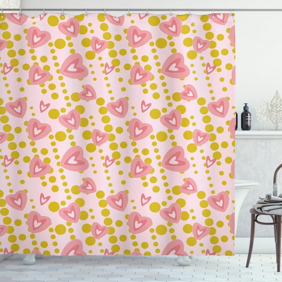 Valentines Shower Curtain, Rhythmic Modern Hearts and Bubbles Love Themes Print, Fabric Bathroom Set with Hooks, 69W X 75L Inches Long, Rose Pale Earth Yellow and Pastel Pink, by Ambesonne