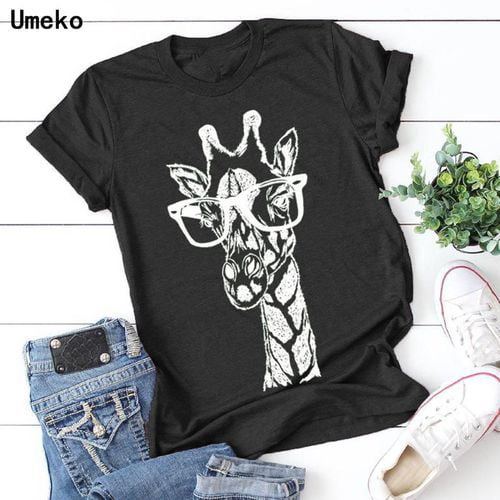 Nueva camiseta de verano con estampado de jirafa, camiseta informal de dibujos animados para mujer Irfora Negro/S