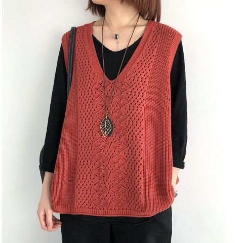 Chaleco de punto para mujer Chaleco de mujer suelto de talla grande sin mangas con cuello en V exterior chaleco retro chaleco de otoño