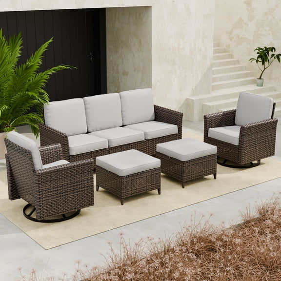 EAGLE PEAK Ocean Vista 5 piece Patio Variated Brown Wicker Sofa Set Swivel Chairs, 3-Seat Sofa Set, Beige Cushions