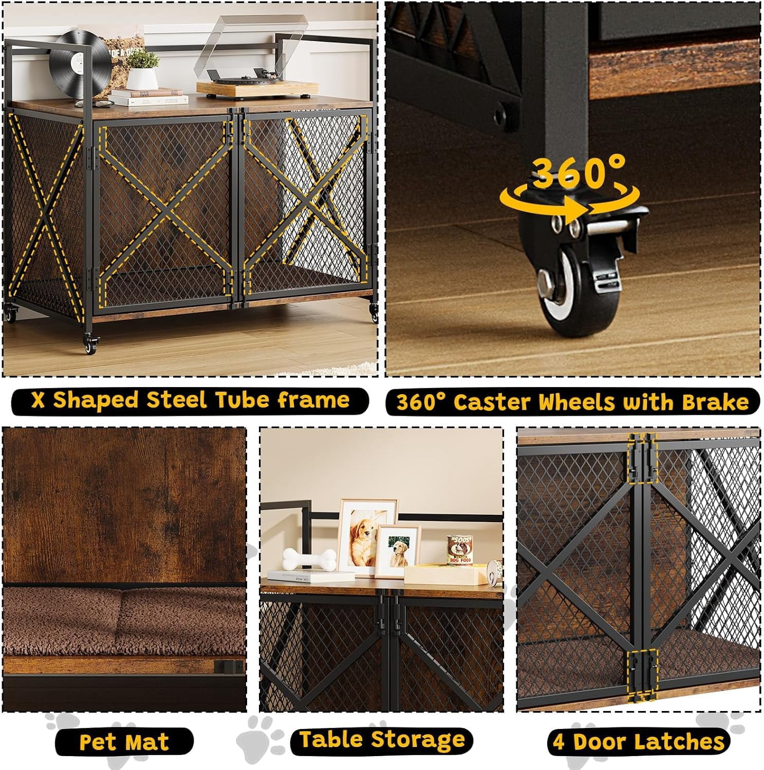Garvee 41in Dog Crate Furniture, Rustic Brown Heavy Duty Wooden Dog Kennel with Lockable 360° Wheels, Double Door Pet Cage End Table for Small, Medium & Large Dogs