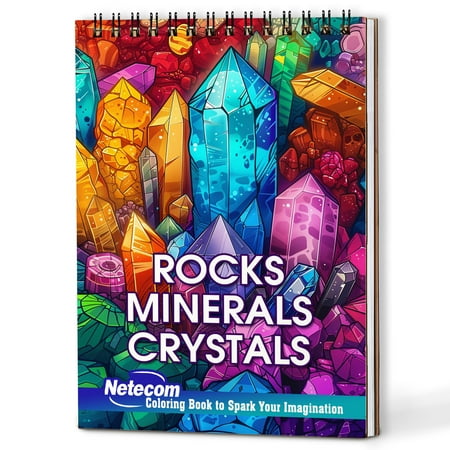 Netecom Rocks Minerals & Crystals Coloring Book Spiral Bound for Adults Wooden Cover 30 Gorgeous Coloring Pages of Precious Stones for Stress Relief and Relaxation