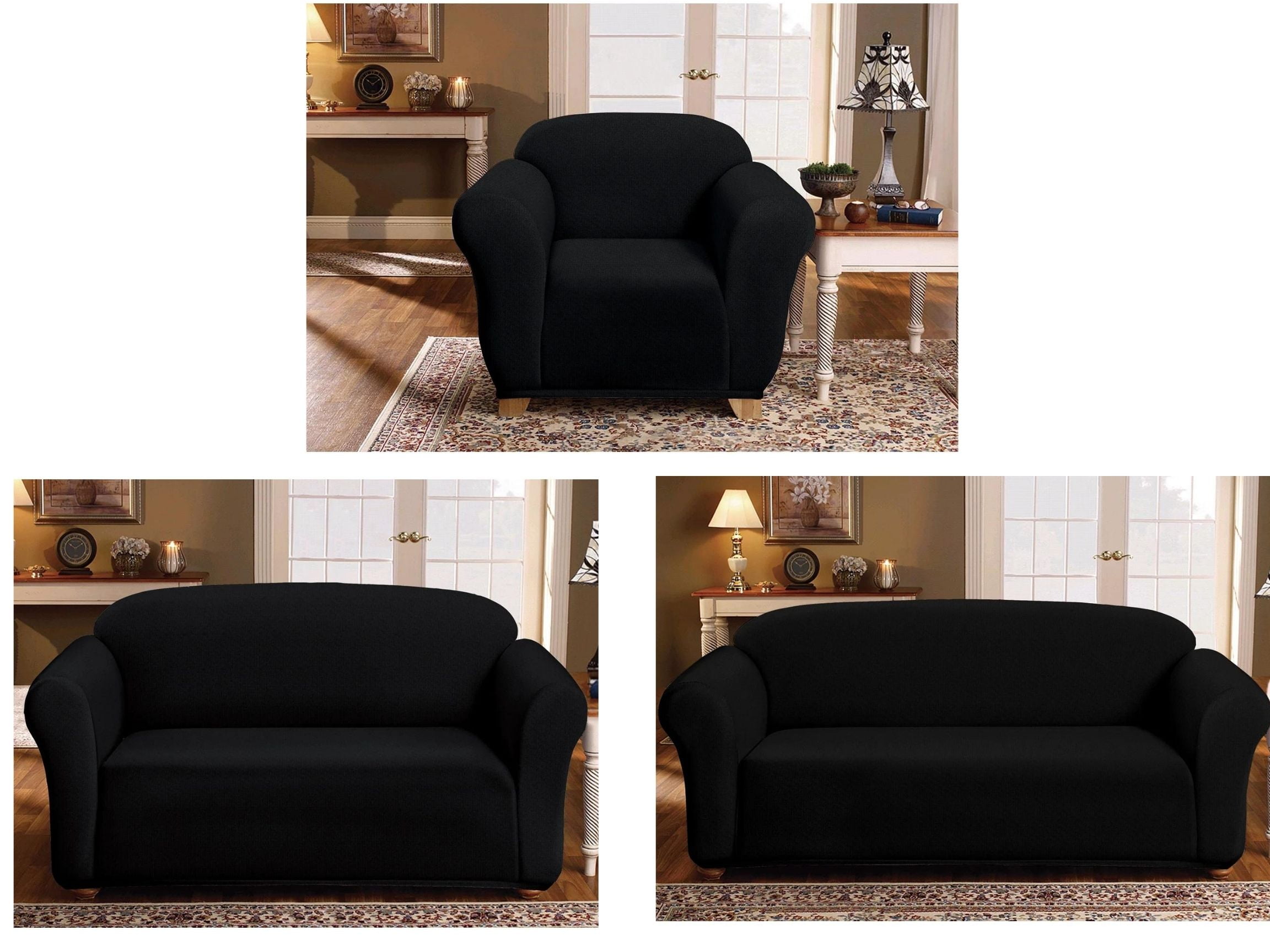Milan Furniture Slipcover Fitted Protector Couch Cover Jacquard Soft Stretch Non Slip Fabric, Sofa, Black
